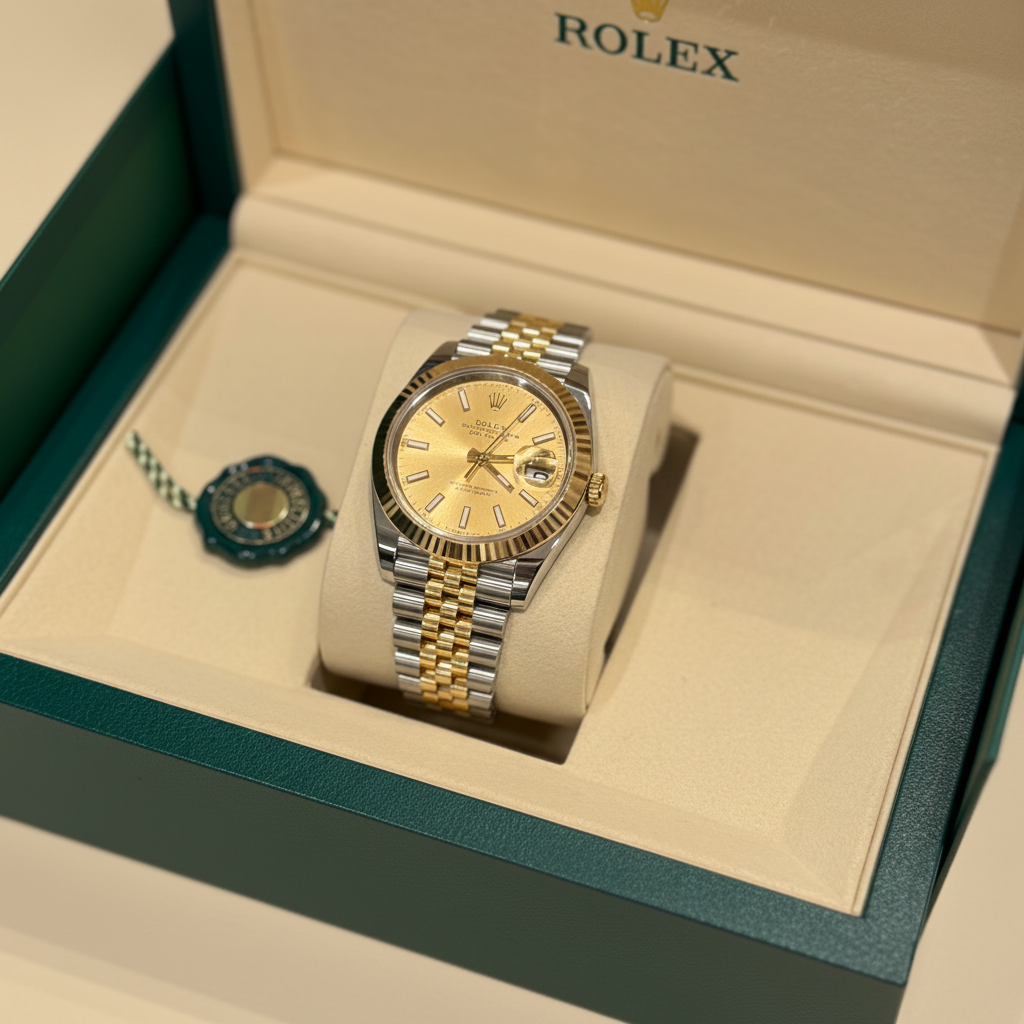 Rolex Datejust watch with a two-tone gold and silver steel bracelet and a champagne dial, displayed inside its open green and beige Rolex presentation box.