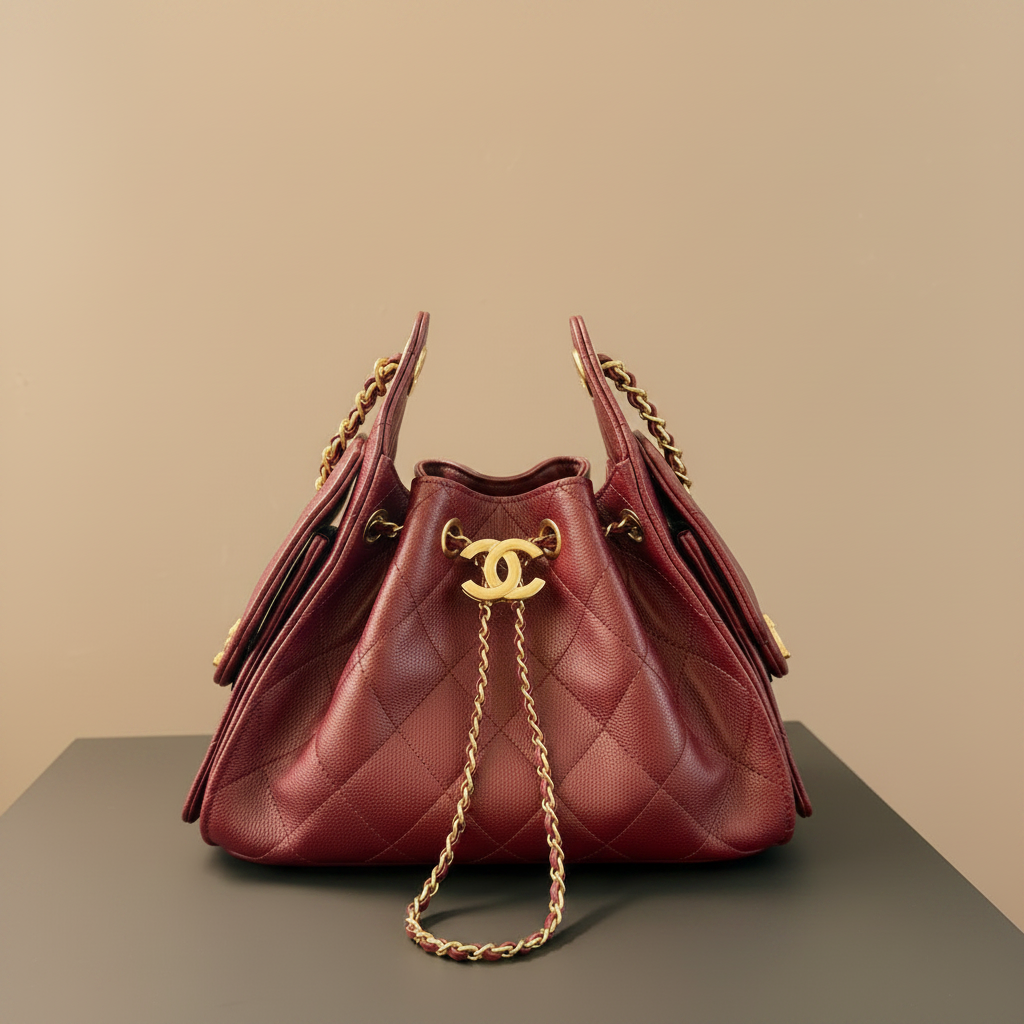 A red quilted leather handbag with gold-tone hardware, including a prominent interlocking CC logo on the front, resting on a dark surface with a Chanel box partially visible in the background.