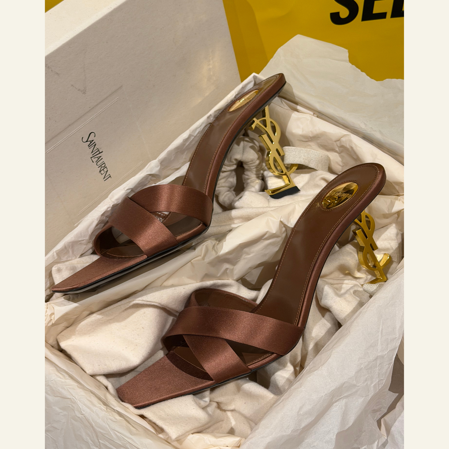 Saint Laurent Satin Cross-Strap Logo Heel Mules