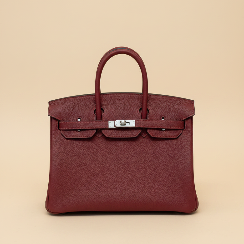 A structured leather handbag in deep burgundy with a wide beige fabric bow detail across the front and a silver-toned clasp, photographed against a white faux-fur surface.