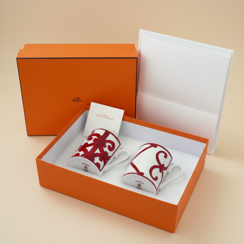 Two white ceramic mugs with red ornamental scrollwork patterns, presented inside an orange Hermes box with a white insert card.