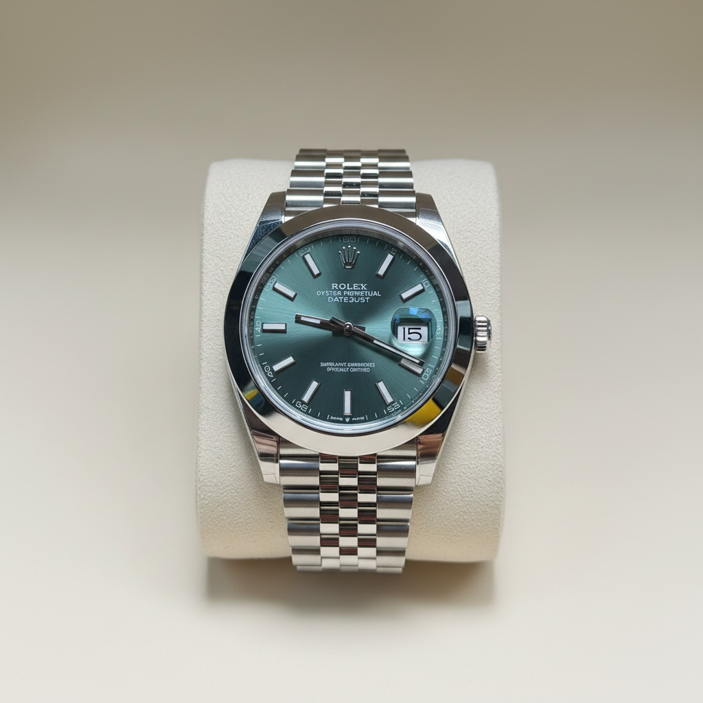 Rolex Datejust wristwatch with a green dial and stainless steel Oyster bracelet, displayed on a cream cushion inside a watch box.