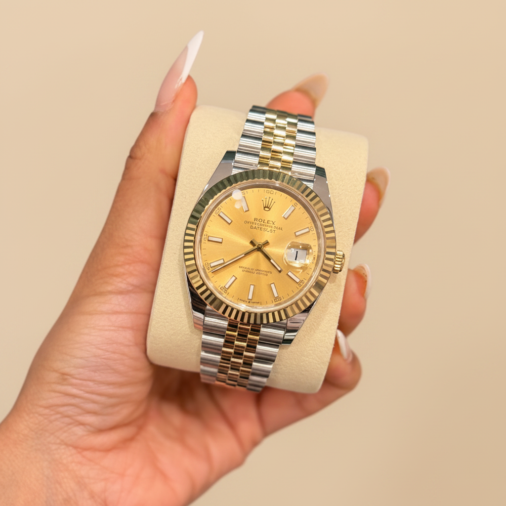 A Rolex Datejust watch with a gold dial and two-tone gold and silver bracelet, held in a hand against a dark green background.