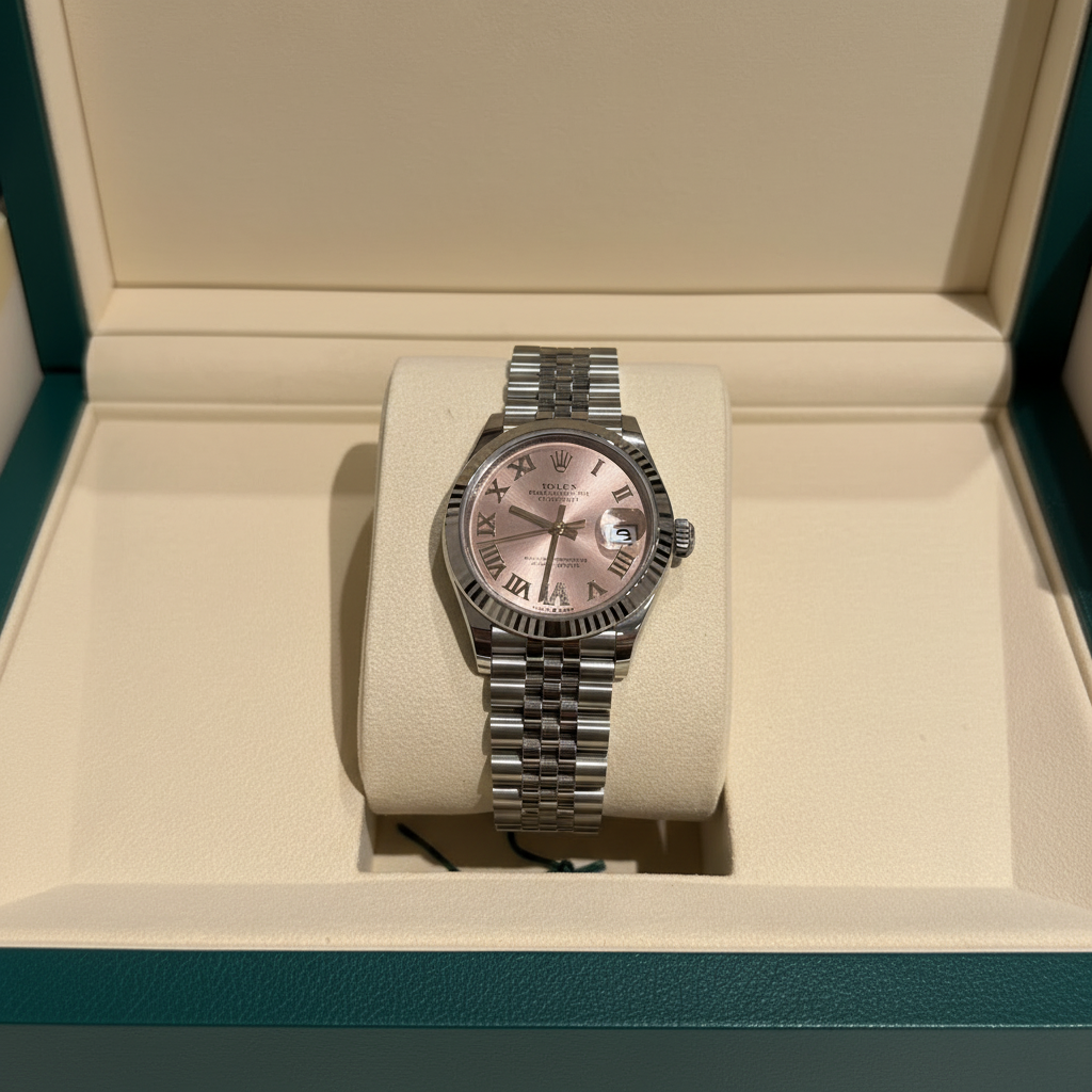 A stainless steel Rolex wristwatch with a brown dial and Roman numeral hour markers, displayed on a cream-colored watch cushion inside an open watch box.