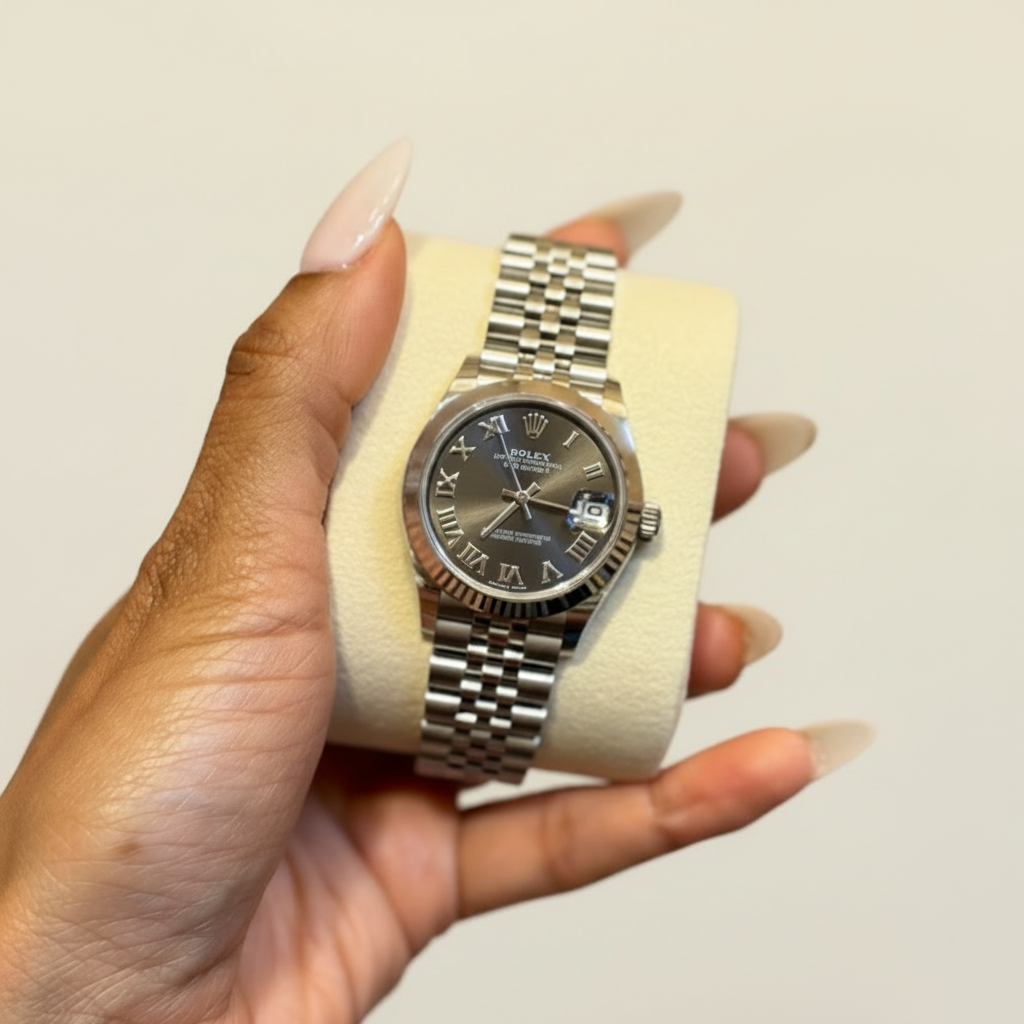 A silver stainless steel wristwatch with a dark gray dial and matching steel Oyster bracelet, held on a cream-colored display cushion by a hand with long nude manicured nails.