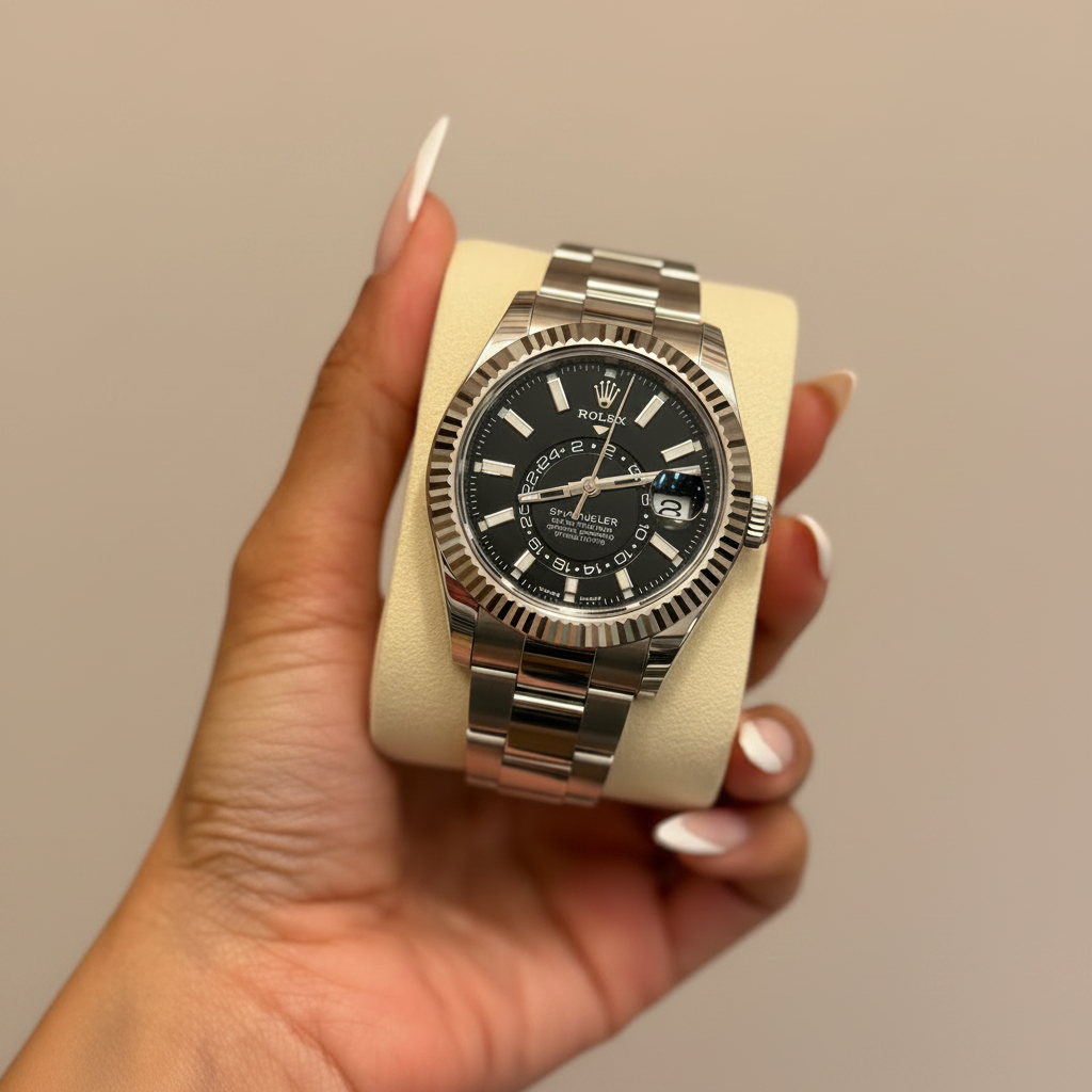 A silver stainless steel Rolex sky dweller watch with a black dial and fluted bezel, held in a hand on a cream display cushion.