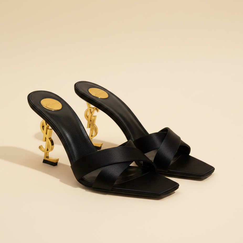 Two Yves Saint Laurent slide sandals, one in brown and one in black, displayed on their white shoeboxes with a yellow Selfridges shopping bag in the background.