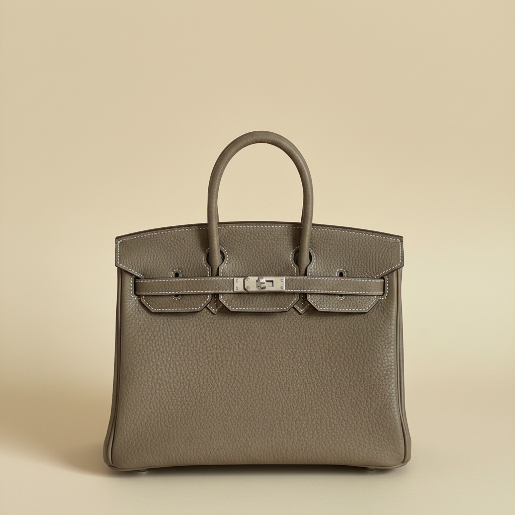 A structured top-handle handbag in taupe pebbled leather with a beige suede-like wrap across the front, displayed against an orange background with an orange shopping bag visible behind it.