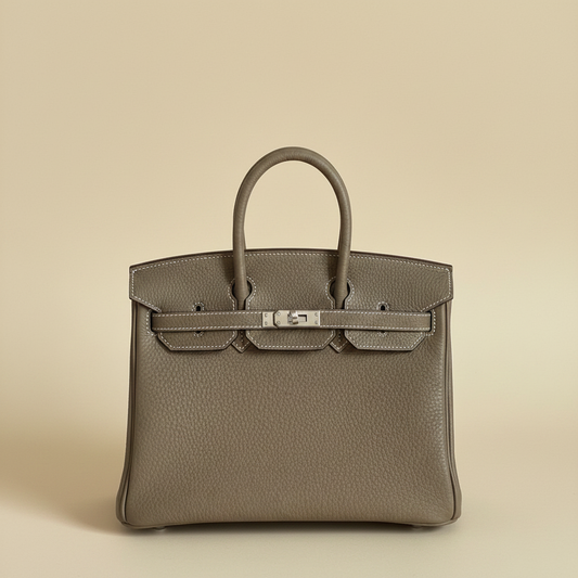 A structured top-handle handbag in taupe pebbled leather with a beige suede-like wrap across the front, displayed against an orange background with an orange shopping bag visible behind it.