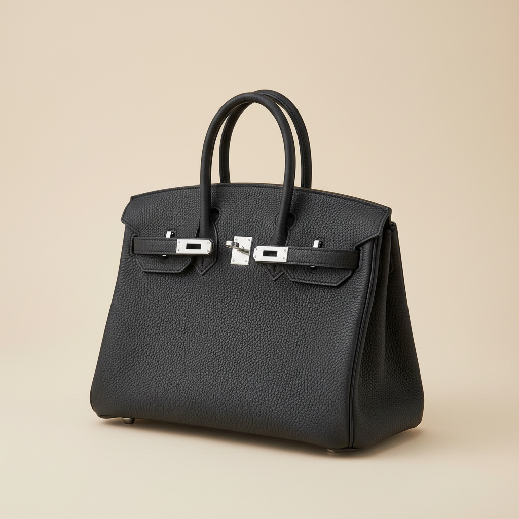 A black pebbled leather Hermès Birkin handbag with silver-tone hardware, resting on a light beige dust bag.