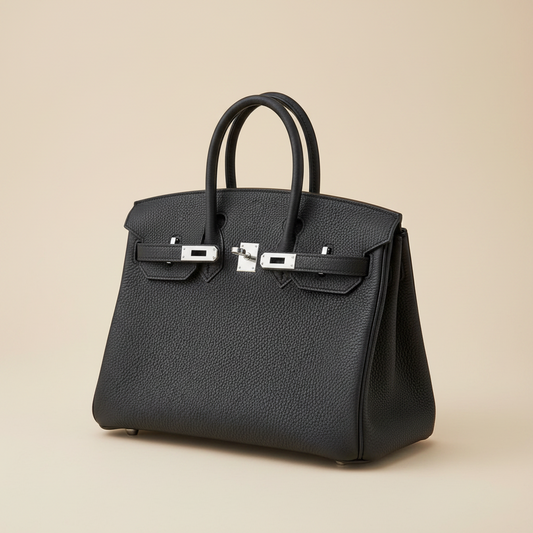 A black pebbled leather Hermès Birkin handbag with silver-tone hardware, resting on a light beige dust bag.