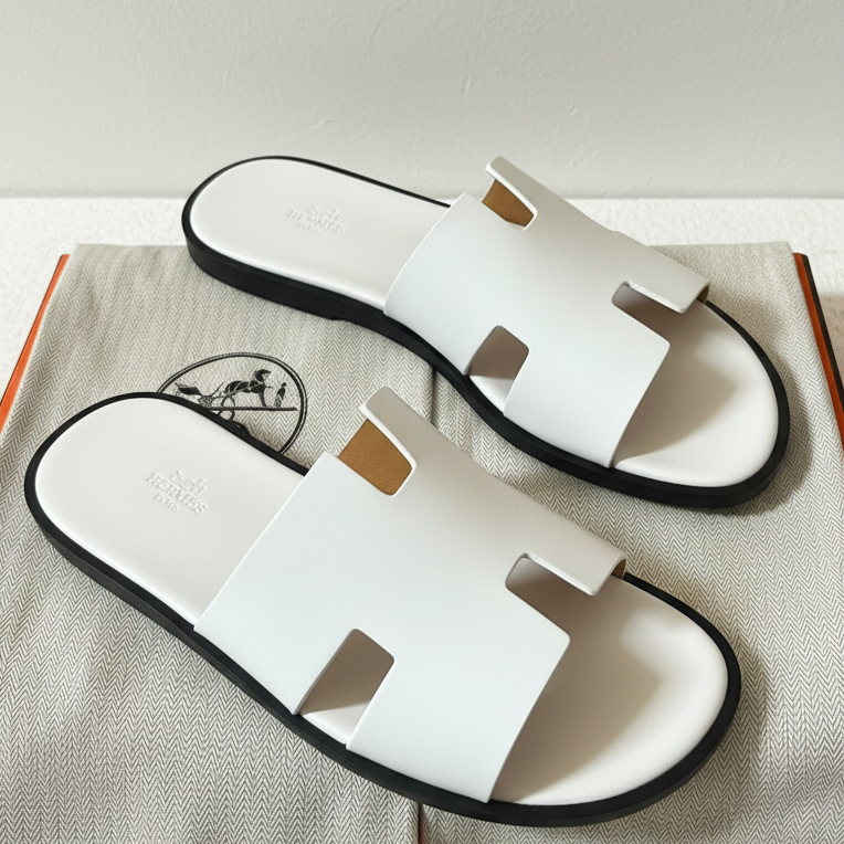 A pair of white leather Hermès H-strap slide sandals with black soles, displayed on a light beige dust bag in front of an orange Hermès shopping bag.