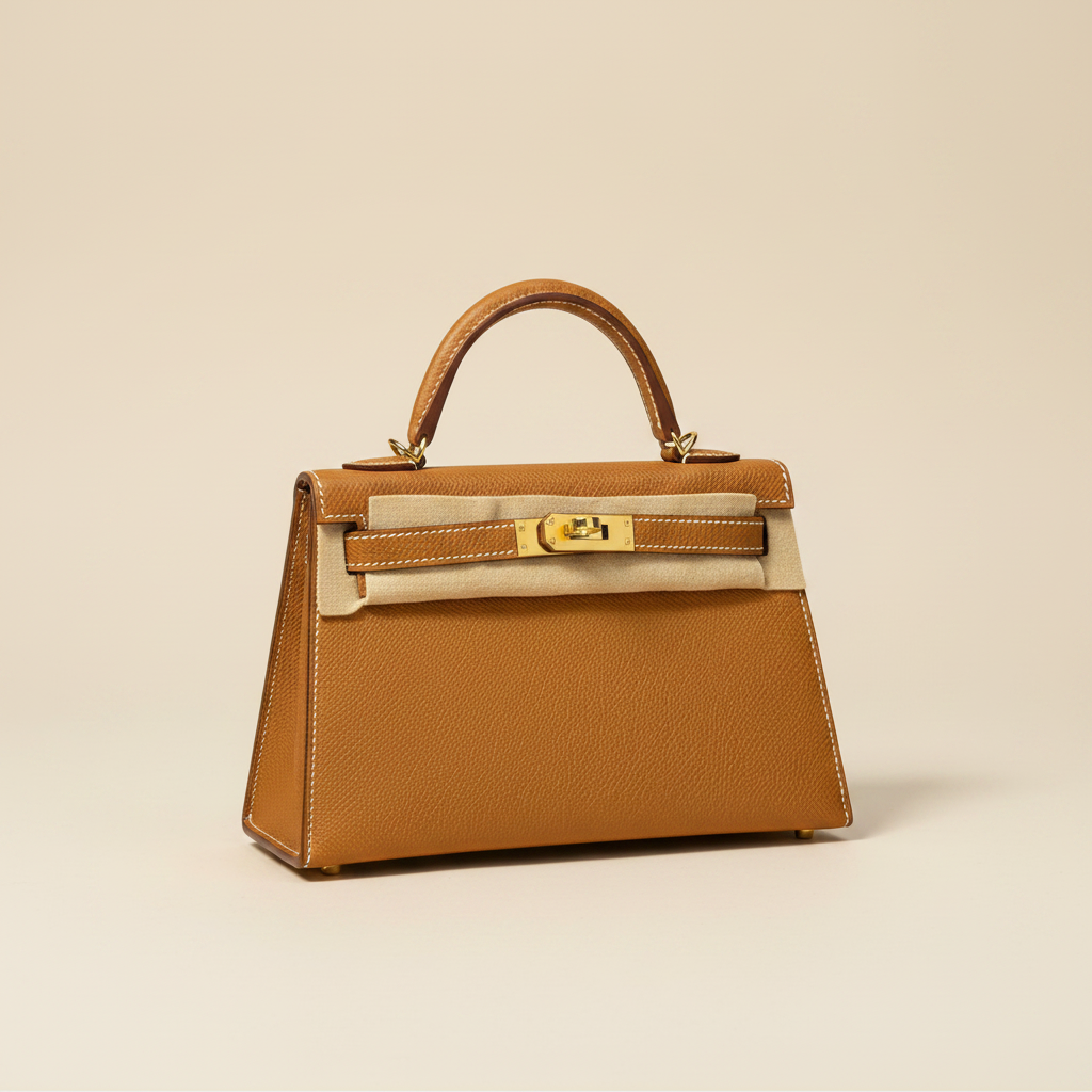 A tan textured leather handbag with gold hardware and a beige fabric lining, presented inside an orange and white box with a gray herringbone dust bag.
