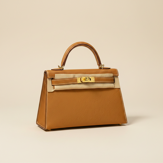 A tan textured leather handbag with gold hardware and a beige fabric lining, presented inside an orange and white box with a gray herringbone dust bag.